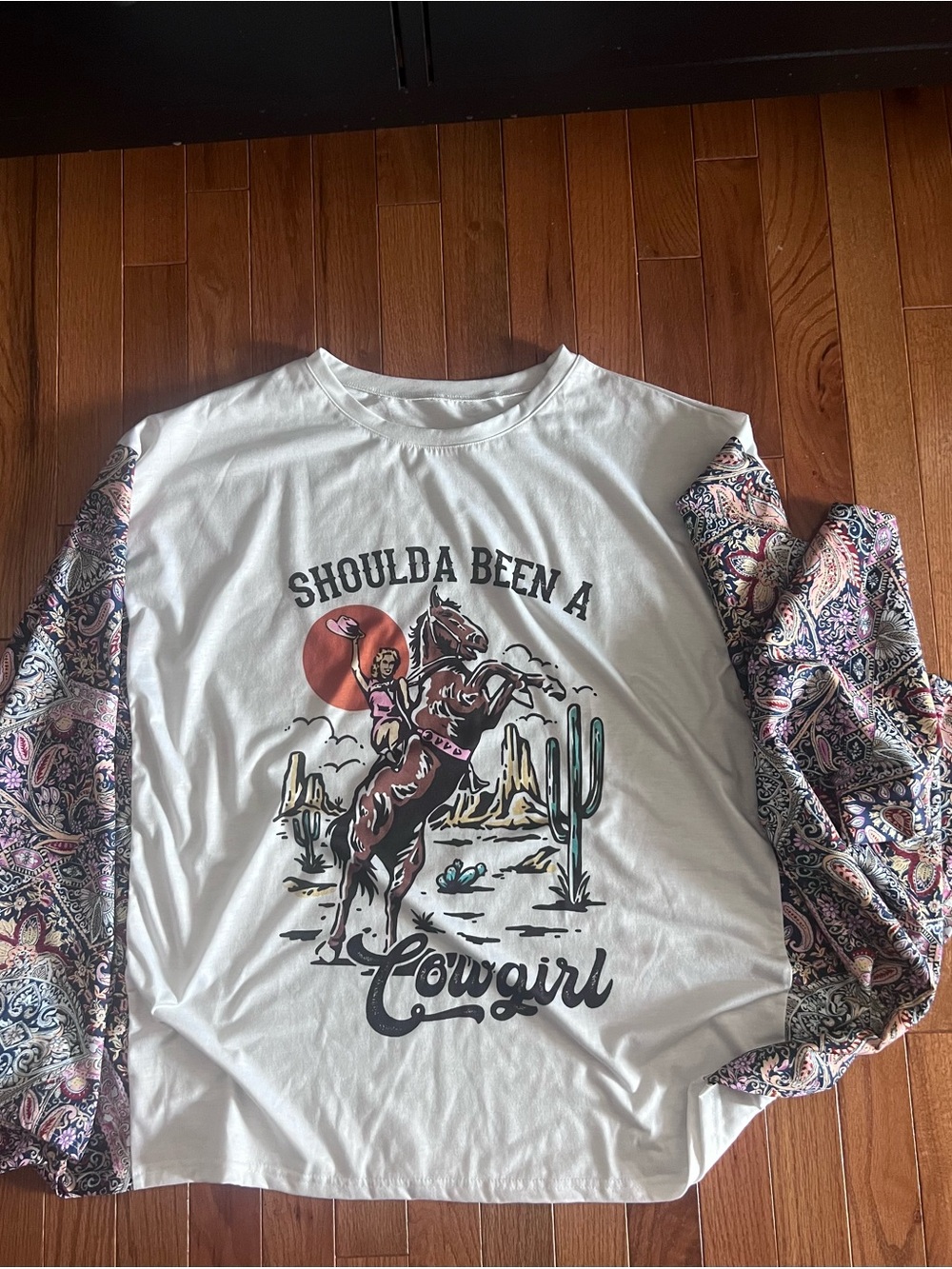Cowgirl Graphic Long Sleeve Top - White with Paisley flare Sleeves nwot